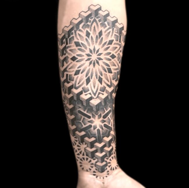 CJ Tattoo Artist Mandala Geometric Flower Forearm Tattoo