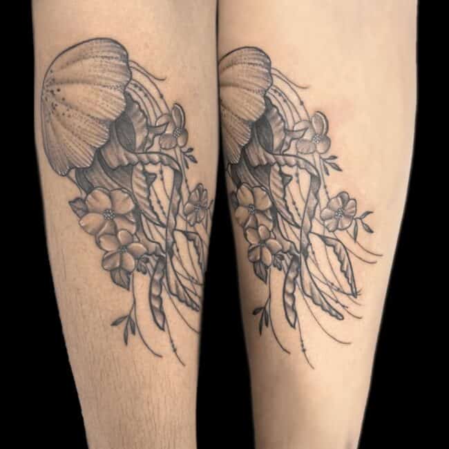CJ Tattoo Artist Realist Fine Line Jelly Fish Flowers Calf Tattoo