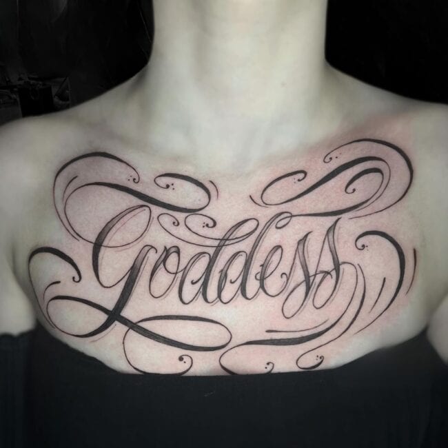 Chelsea Tattoo Artist Beautiful Script Work Lettering Chest Tattoo
