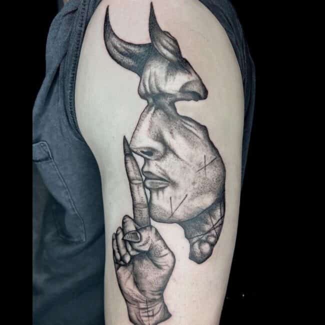 Chelsea Tattoo Artist Dark Realism Devil Horns With Hand Arm Sleeve Tattoo