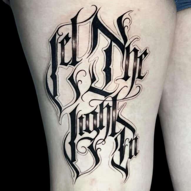 Chelsea Tattoo Artist Script Line Work Thigh Tattoo