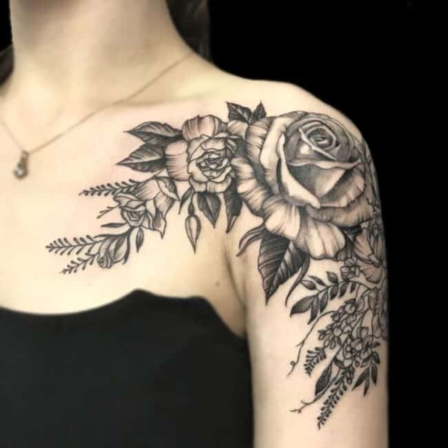 Christian Tattoo Artist Black And Grey Realism Flower Shoulder Arm Tattoo