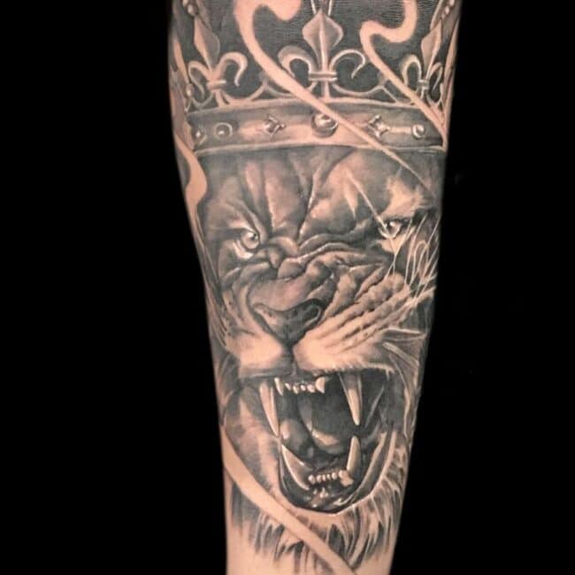 Christian Tattoo Artist Black And Grey Realism King Lion Crown Arm Sleeve Tattoo