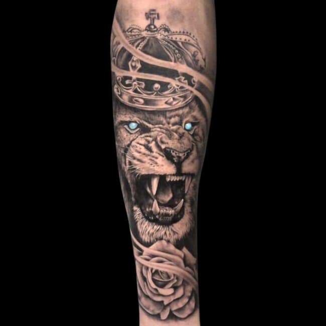 Erick Suarez Tattoo Artist King Lion Crown Rose Forearm Tattoo