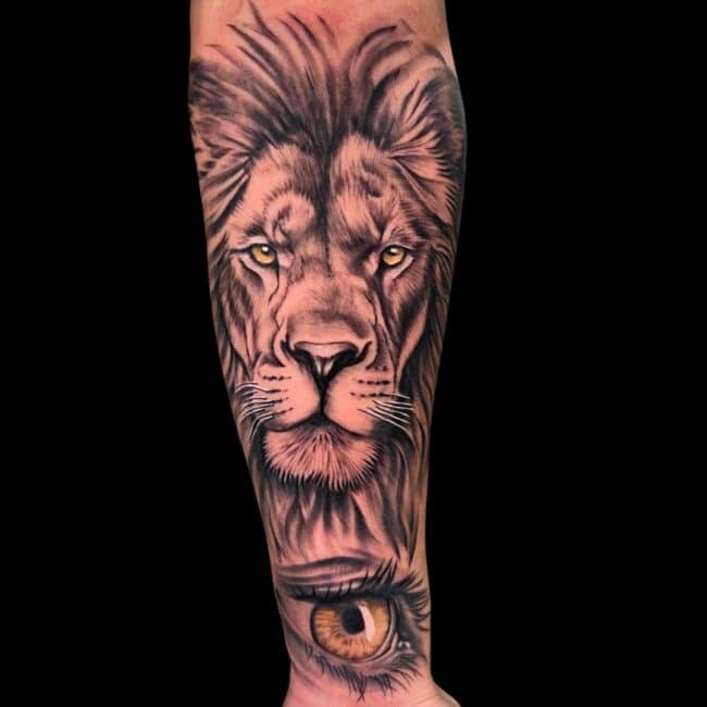 Erick Suarez Tattoo Artist Realism Lion Eye Colour Forearm Tattoo