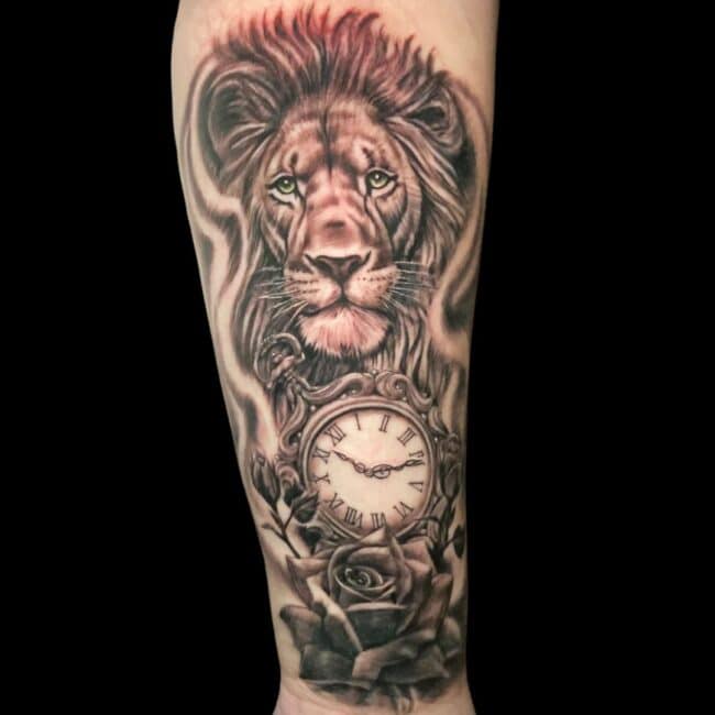 Lion Clock Rose Tattoo