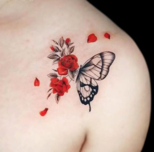 Pablo Juan Carvajal Tattoo Artist Micro Realism Fine Line Roses Butterfly Clavicle Colour Tattoo