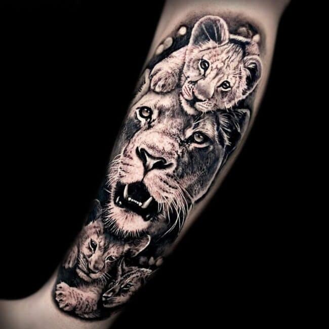 Penno Tattoo Artist Animal Realism Lion With Cubs Leg Tattoo
