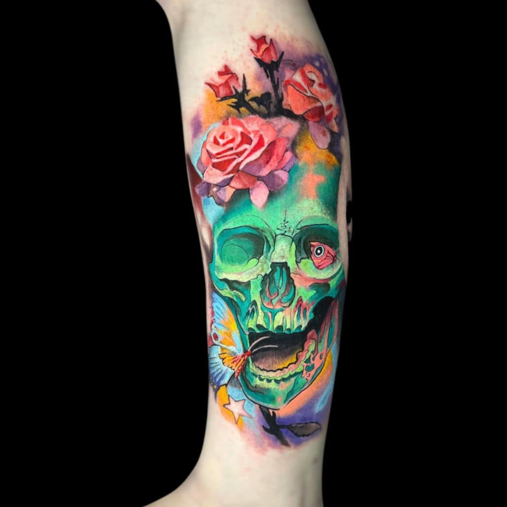 Rafael Tattoo Artist Abstract Skull Colour Roses Forearm Tattoo