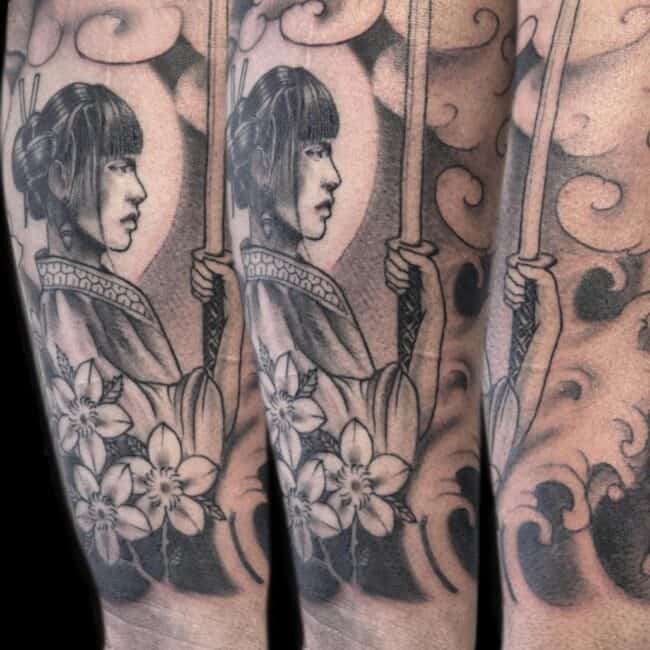 Rafael Tattoo Artist Japanese Realism Woman WIth Katana Flowers Forearm Tattoo