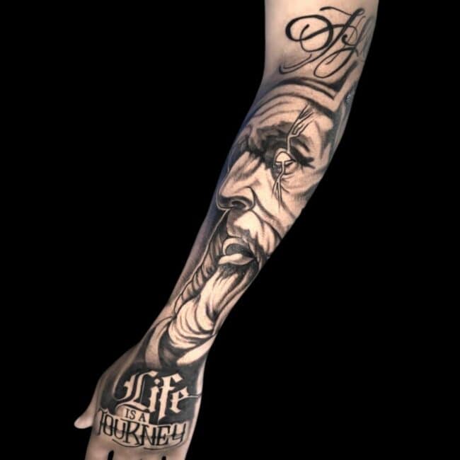 Rafael Tattoo Artist Realism Greek God Zeus Face Lighting Script Arm Hand Tattoo