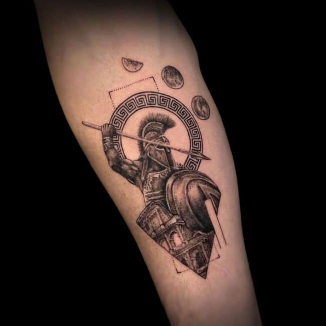 Raurie Tattoo Artist Micro Realism Fine Line Roman Soldier Colosseum Forearm Arm Tattoo