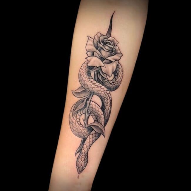 Raurie Tattoo Artist Micro Realism Fine Line Snake Rose Forearm Tattoo