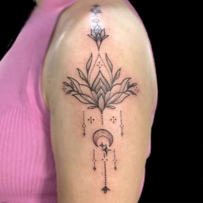 Sheela Tattoo Artist Flower Moon Stars Neo-traditional Arm Shoulder Tattoo