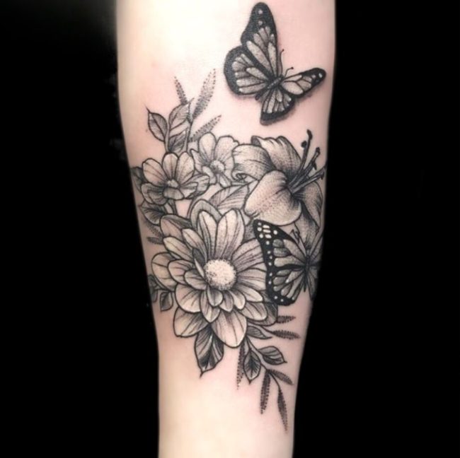 Sheela Tattoo Artist Flowers And Butterfly Neotraditional Arm Tattoo