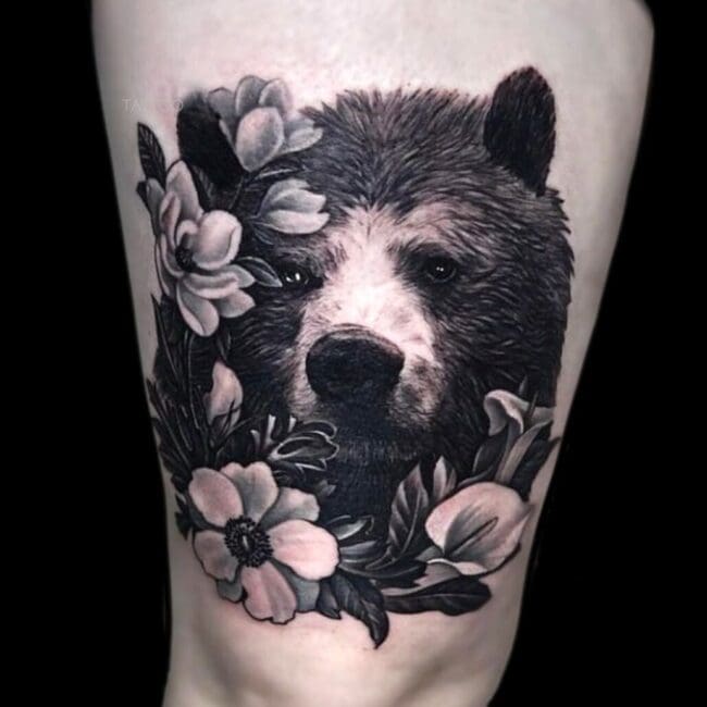 Sunny Realism Bear Flowers Leg Tattoo