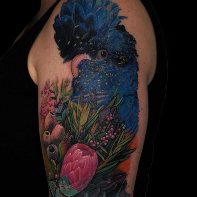 Sunny Tattoo Artist Parrot With Flowers Colour Realism Tattoo
