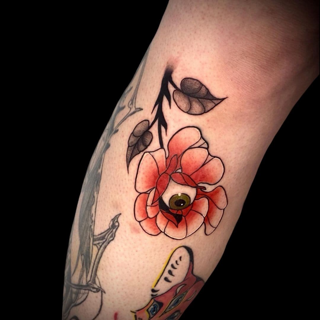 Ali Tattoo Artist Neo-Traditional Colour Red Rose With Robot Eye Forearm Tattoo