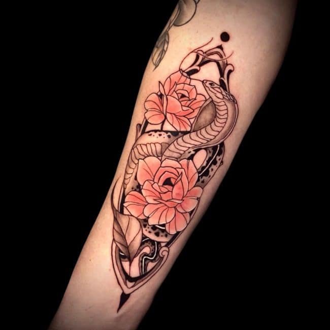 Ali Tattoo Artist Neo Traditional Colour Roses Snakes Forearm Tattoo