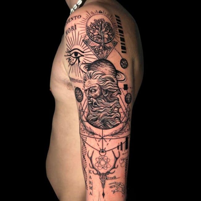 Ali Tattoo Artist Symbolism Patchwork FIne Line Zeus Plants Arm Shoulder Tattoo