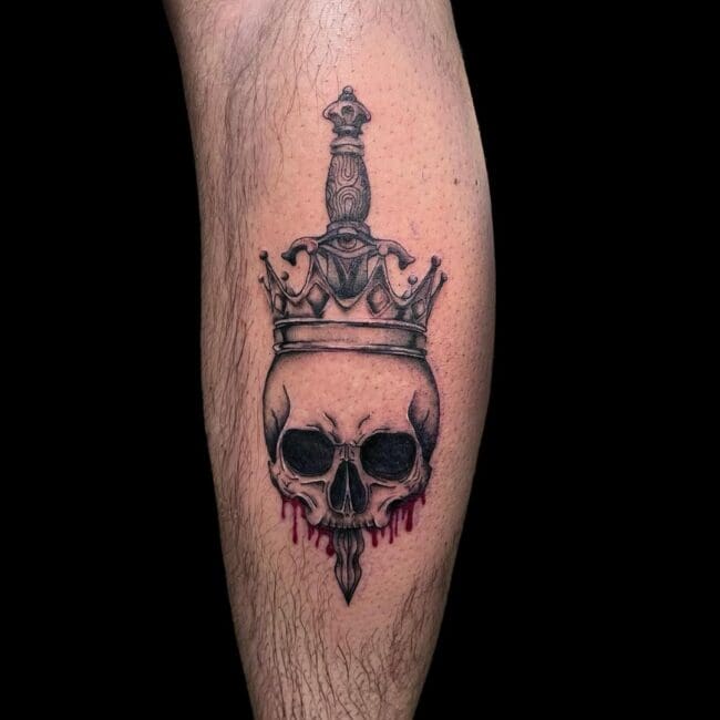 Beckett Tattoo Artist Dark Realism Colour Skull Dagger Blood Forearm Tattoo