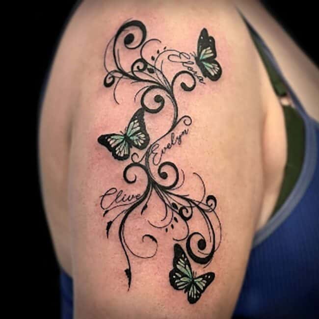 Beckett Tattoo Artist Fine Line Butterflies Colour Arm Shoulder Tattoo