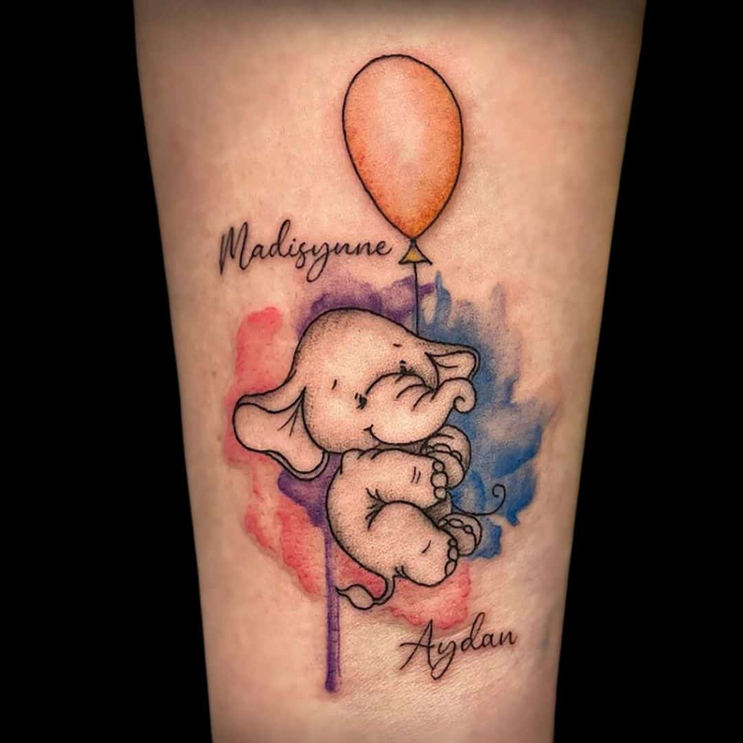 Beckett Tattoo Artist Fine Line Watercolour Elephant Balloon Forearm Tattoo