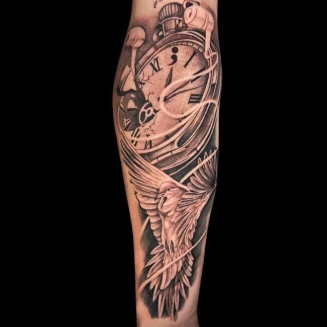 CJ Tattoo Artist Black And Grey Realism Dove Earphones Clock Forearm Tattoo
