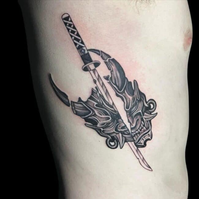 CJ Tattoo Artist Japanese Katana Hannya Mask Side Stomach Tattoo