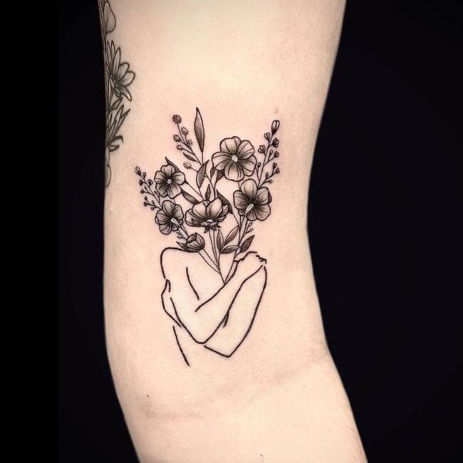 Chelsea Tattoo Artist Fine Line Bouquet Of Flowers Art Forearm Tattoo