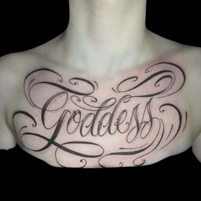 Chelsea Tattoo Artist Script Work Lettering Chest Tattoo