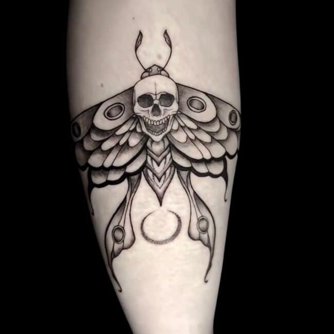 Chelsea Tattoo Artist Semi Realism Fine Line Skull Butterfly Forearm Tattoo