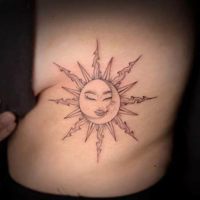 Chil Chielka Tattoo Artist Fine Line Sun And Moon Together Side Stomach Tattoo
