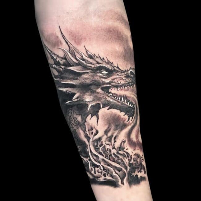 Christian Tattoo Artist Black And Grey Fantasy Game Of Thrones Dragon Forearm Tattoo