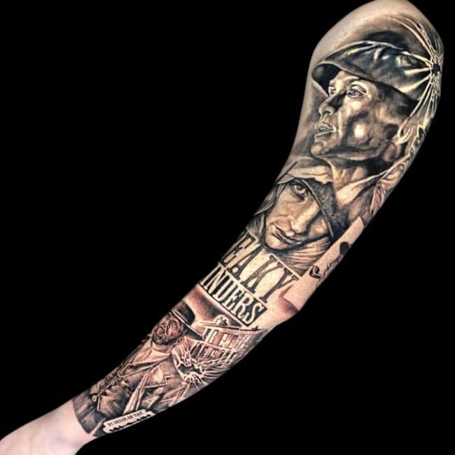 Christian Tattoo Artist Black and Grey Realistic Peaky Blinders Characters Arm Sleeve Tattoo