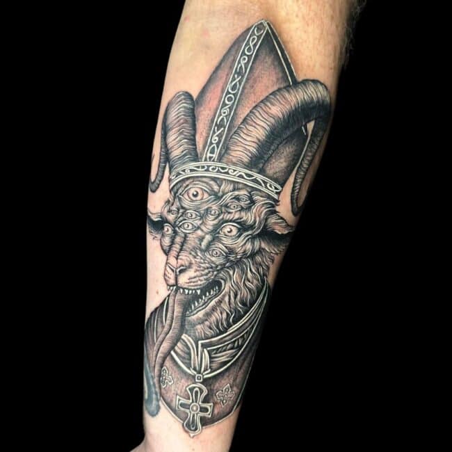 Corey Tattoo Artist Fine Line Black And Grey Goat Demon Cardinal Robe Arm Tattoo