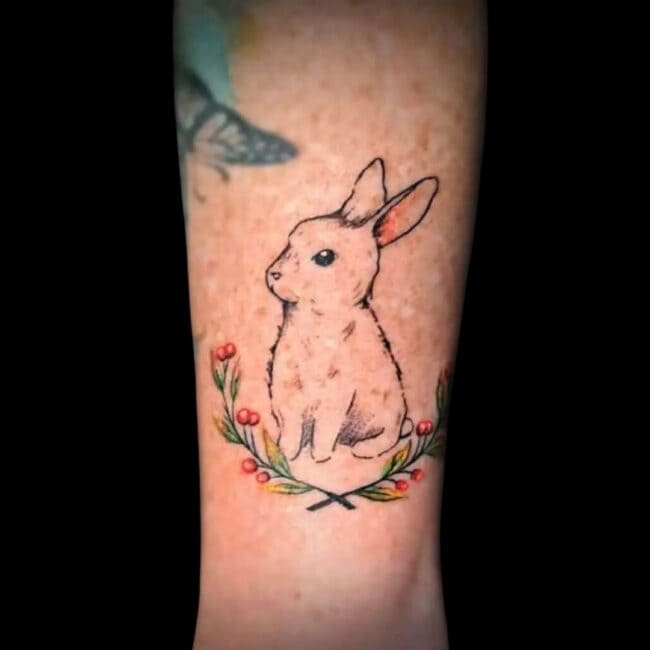 Corey Tattoo Artist Fine Line Colour Bunny Ankle Tattoo