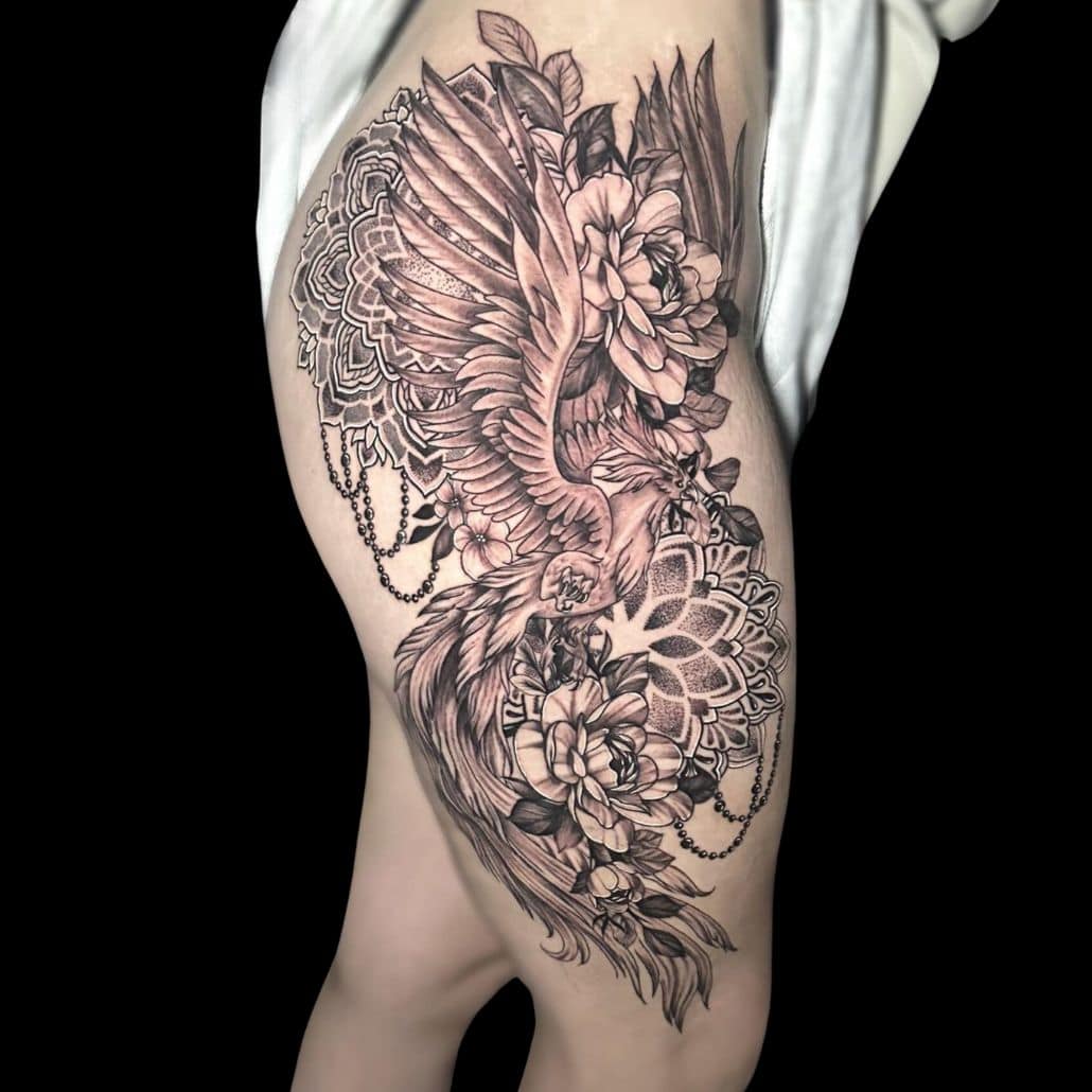 Corey Tattoo Artist Mandala Geometric Flower Leg Tattoo