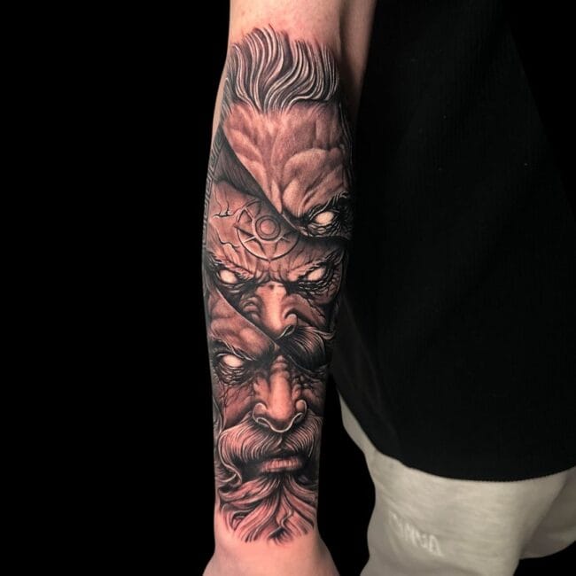 Corey Tattoo Artist Realism Greek God Semi Realism Zeus Bearded Man Forearm Tattoo