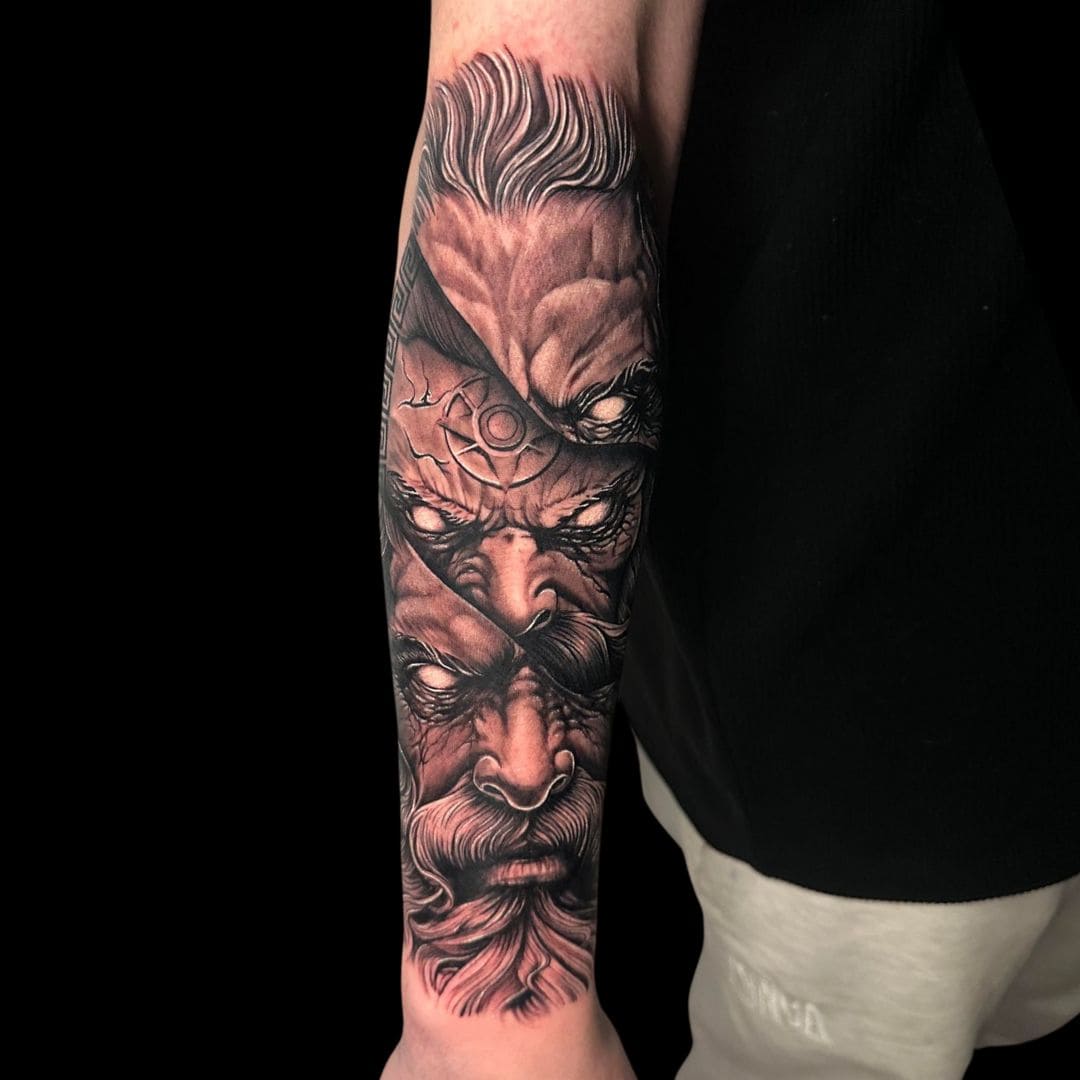 Corey Tattoo Artist Realism Greek God Semi Realism Zeus Bearded Man Forearm Tattoo