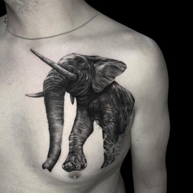 Erick Suarez Tattoo Artist Animal Realism Black And Grey Big Elephant Chest Tattoo