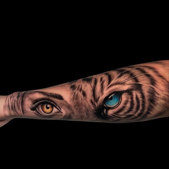 Erick Suarez Tattoo Artist Animal Realism Half Lion Half Woman Coloured Eyes Forearm Tattoo