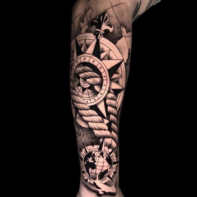 Erick Suarez Tattoo Artist Black And Grey Travel Compass World Airplane Forearm Tattoo