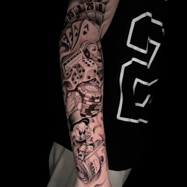 Erick Suarez Tattoo Artist Chicano Money Anime Donald Duck Bills Chips Casino Arm Sleeve Tattoo