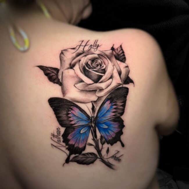 Italo Tattoo Artist Realism Colour Rose Butterfly Memory Back Tattoo