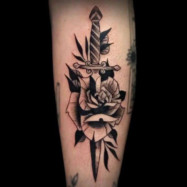 Italo Tattoo Artist Realism Knife With A Rose Forearm Tattoo