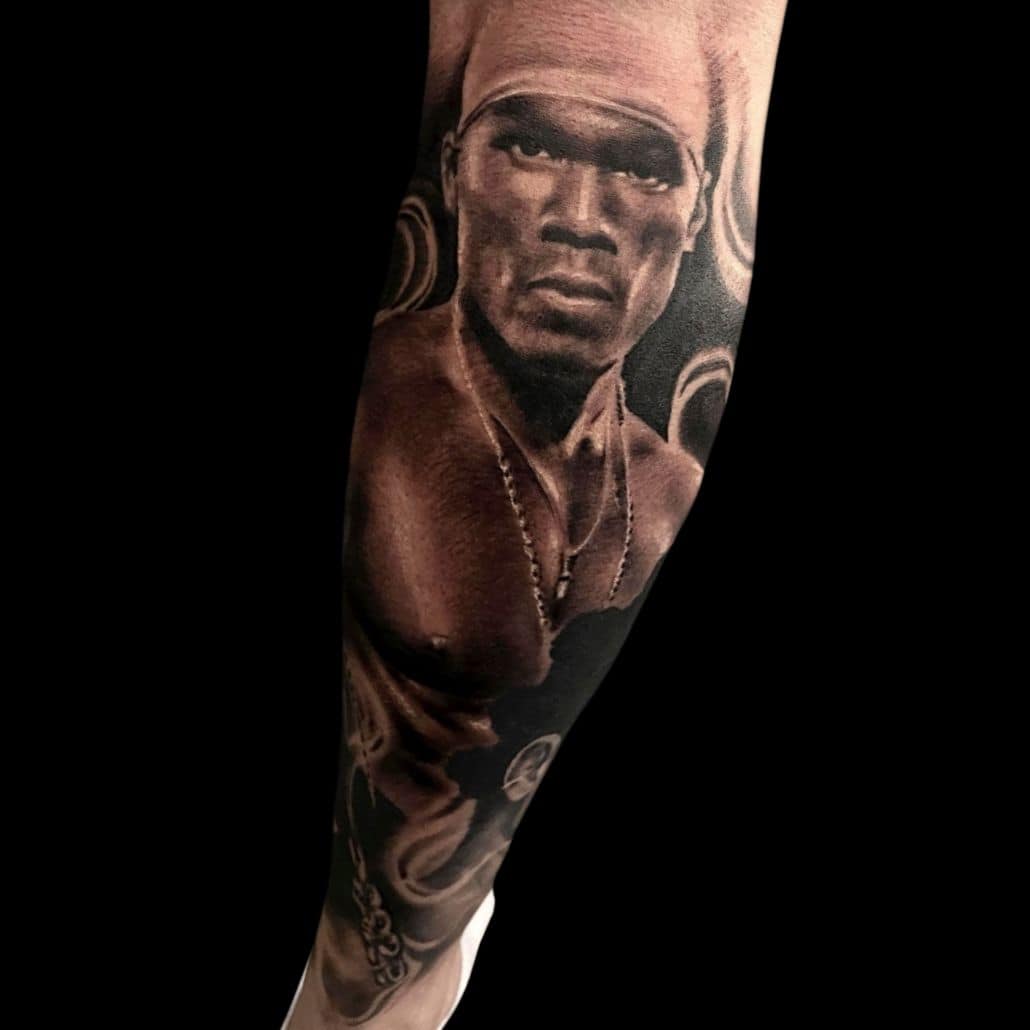 Jake Jones Tattoo Artist Realism Black And Grey Portrait Hip Hop 50 Cent Calf Leg Tattoo