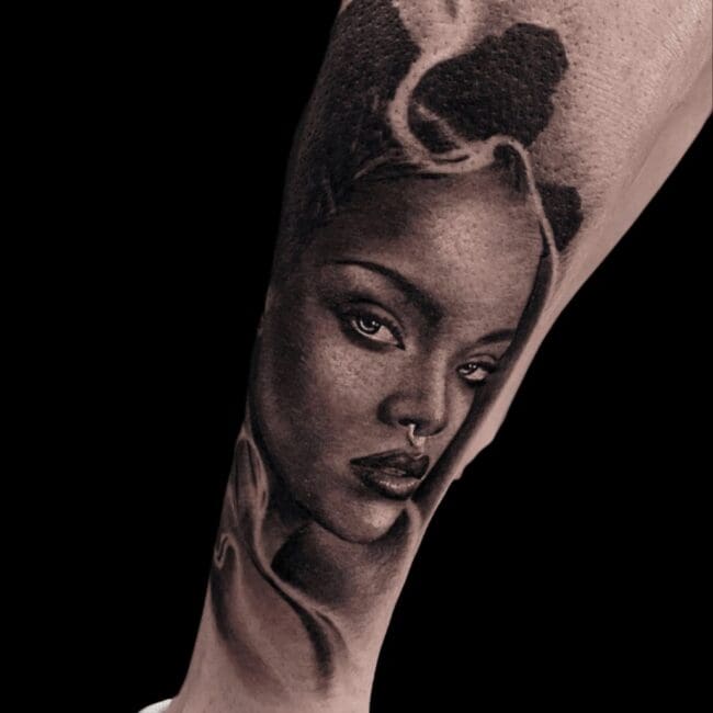 Jake Jones Tattoo Artist Realism Black Grey Pop Star Rihanna Calf Leg Tattoo