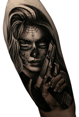 Jake Jones Tattoo Artist Realism Chicano Mexican Woman With Gun Arm Tattoo