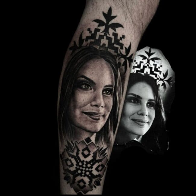 Jake Jones Tattoo Artist Realism Portrait Black Grey Girl Geometric Calf Leg Tattoo